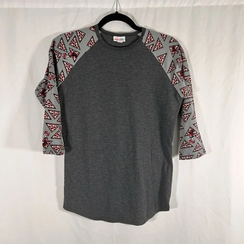 LulaRoe Blouse Women's XS Grey Minnie Mouse Long Sleeve Crew Neck Poly Blend